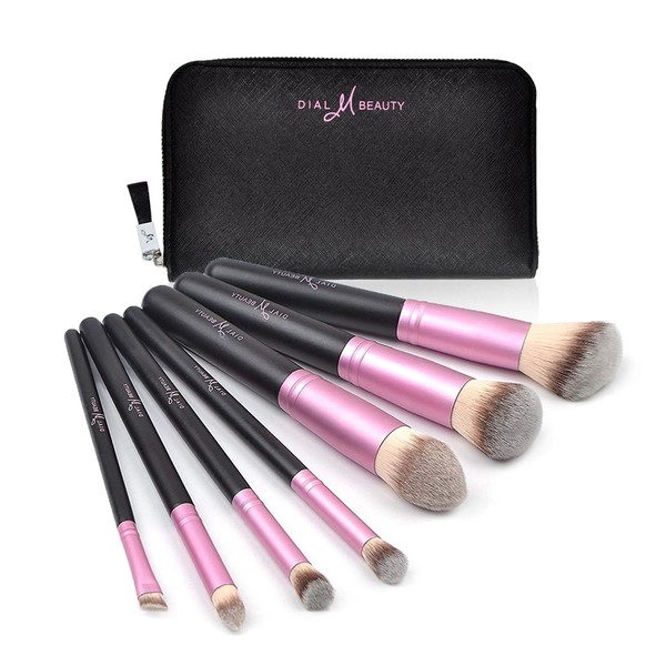 Dial M Beauty Premium Makeup Brushes, Synthetic Foundation Powder Concealers Eye Shadows Makeup 8pcs Brush Set with Elegant Travel Pouch. Pink and Black. Great for Gifts and Makeup Artists