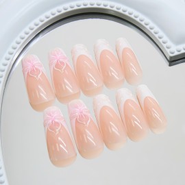 24PCS Summer Flower Press on Nails Long Square Fake Nails with 3D Floral Designs White French Tip False Nails Press ons Glossy Glue on Nails Ice Flower Artificial Stick on Nails for Women Daily Wear