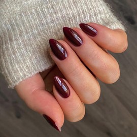 KQueenest 30 Pcs Acrylic Press on Nails Short Almond, Burgundy Red False Nails Short Almond, Glossy Solid Color Stiletto Fake Nails Set, Reusable Natural Gel Stick on Nail for Women Finger Daily Wear