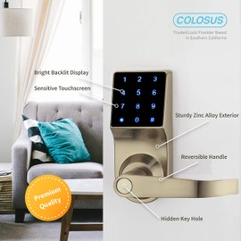 COLOSUS NDL319 Electronic Trusted Digital Keyless Door Lock for Home & Office Security, Touchscreen – 50 User Codes + 4 Key Fobs + 1 Remote + 2 Keys (Gold) …