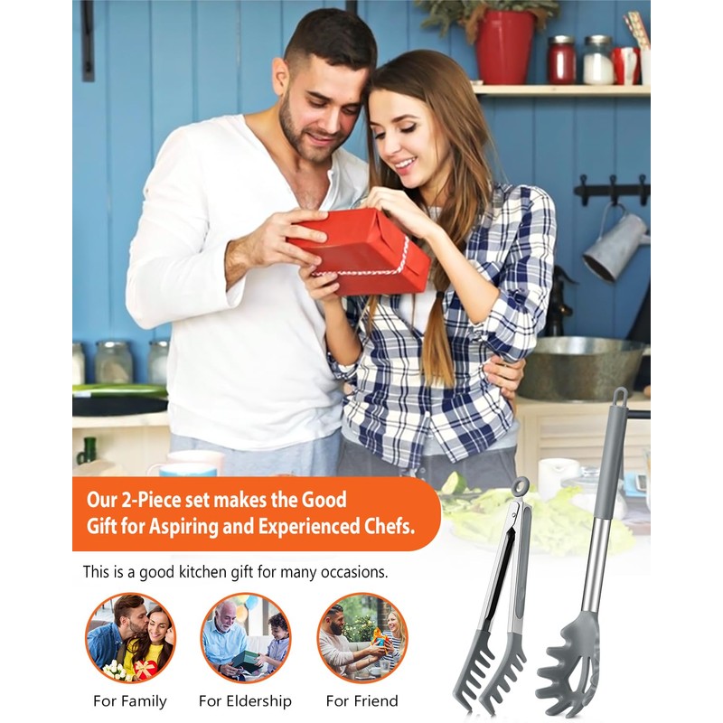 Silicone Spaghetti Spoon & Pasta Tong, Non-Stick Stainless Steel Handle