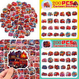213Pcs Fire Truck Stickers Cute Cartoon Firefighter Vinyl Waterproof Stickers Fire Vehicles Car Theme Party Decals for Kids, Adults Waterbottle Laptop Phone Skateboard Guitar Luggage Décor