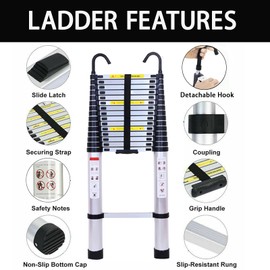 Telescoping Extension Ladder 14.5FT Aluminum Folding Telescopic Ladders EN131 Standard Lightweight Portable for Home Loft Attic Heavy Duty 330lbs Max Load Nonslip Rubber Feet