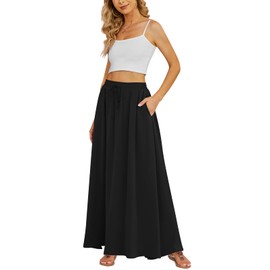 Yincro Women's Flowy Maxi Skirt Summer Pleated High Waisted Casual Long Skirts with Pockets (Black, 2XL)