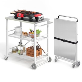 LUE BONA Foldable Outdoor Grill Table with 2 Total Lock Casters, Stainless Steel Pizza Oven Stand, Rolling BBQ Table and 3 Shelf Folding Kitchen Island, White