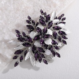Xerling Handmade Wedding Purple Rhinestone Hair Comb Floral Bridal Headpiece Brides Flower Hair Piece Accessories Vintage Side Comb for Women (Purple)