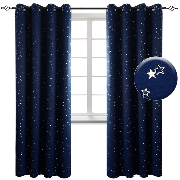 BGment Kids Blackout Curtains for Bedroom - Grommet Thermal Insulated Silver Star Print Room Darkening Curtains for Living Room, Set of 2 Panels (52 x 72 Inch, Navy Blue)