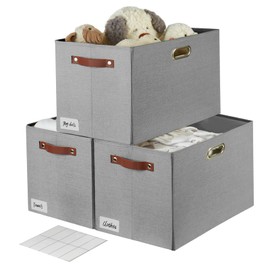 Bagnizer Large Collapsible Fabric Storage Bins with 3 Handles, Foldable Organizer Baskets for Closet, Shelves, Living Room | 3 Pack, Durable PU & Metal Handles (17"x11.8"x11.8", Full Gray)