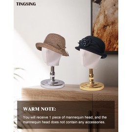 TINGSING Mannequin Head Wig Head Stand, Hat Display Stand Wig Holder, Realistic Face Model Head Hat Rack,Coarse Twill Fabric Manikin Head Wig Stand with Detachable Base for Styling and Display, Gold