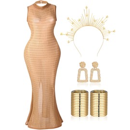 Jeere 6 Pcs Women Rhinestone Dress Party Night Club African National Jewelry Egypt Bracelet Earrings Mary Crown Headpiece(M)