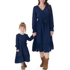 PATPAT Mother Daughter Dress Set Long Sleeve Stitching Plain Family Outfits Dresses for Girls Partner Look Mum Daughter Beach Dress Mother Baby Partner Look for Baby Girls Women, blue
