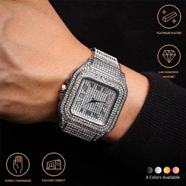 Halukakah Diamond Gold Watch Men's Platinum White Gold-Plated 40 mm Wide Square Dial Quartz Bracelet 24 cm with Gift Box