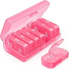 AUVON XL Weekly Pill Organizer 2 Times a Day, One-Side Large Opening, Pink | East-to-Use AM PM Pill Case, Travel Pill Box 7 Day, Medication Organizer 