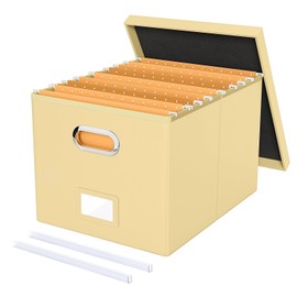 Oterri File Organizer Box,Filing Box with Lid,File Box for Letter/Legal File Folder Storage, Portable Hanging File Box for Office/Decor/Home,1 Pack, Cream-yellow(Leather),Box only