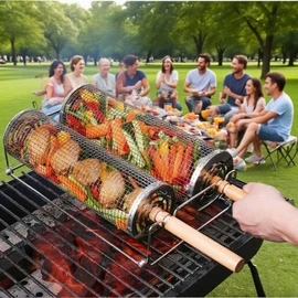 ZASTREXIS 2PCS Rolling Grill Basket, Grilling Basket with Removable Wooden Handle, Holder Included，304 Stainless Steel BBQ Accessories for Outdoor Camping,Picnic,Dinner Party,Gifts for Men Dad Husband
