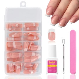 120Pcs Press on Nails, Short Square French Whit e Tip False Nails with Glue, Natural Nude Color Fake Nails Kit Removable Strong Acrylic Stick on Nails Full Cover Glue on Nails for Women Girls Nail Art