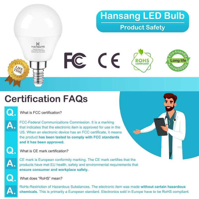 hansang E12 LED Bulb, Daylight 5000K, 60 Watt Equivalent Ceiling