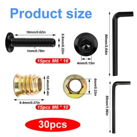 30 Pcs M6 Threaded Inserts for Wood with Bolts Set: 15 Furniture Hex Socket Drive Screw-in Nuts(M6x 10mm) & 15 Furniture Screws Flat Head Hex Socket Bolts(M6x 16mm), for Wood Furniture,with 2 Wrench