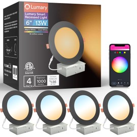 Lumary Black Smart WiFi Recessed Lights 6 Inch, Color Changing LED Recessed Lights with J-Box 13W 1000LM, Dimmable Canless Wafer Downlight, Compatible with Alexa/Google Assistant, ETL Listed, 4 Pack