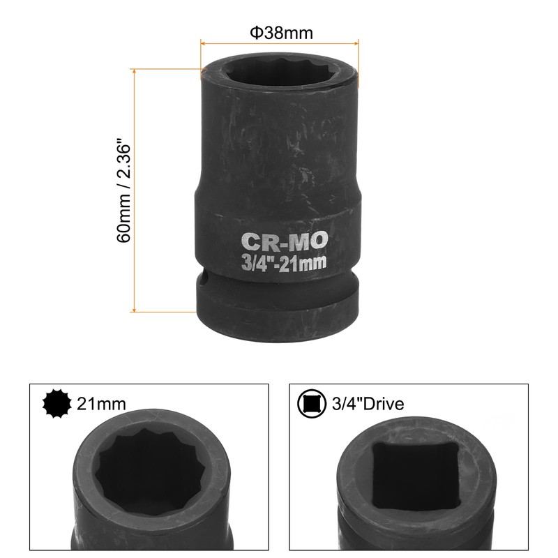 sourcing map 3/4-Inch Drive 12 Point Impact Socket 21mm Metric