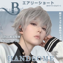 BARSDAR Wig, Men's Short, Men's Clothing, Black, Full Wig, Harajuku, Handsome, Handsome, Natural, Small Face, Heat Resistant, Popular, Fashion, Unisex, Cosplay, Everyday, With Net/Comb (White Silver)