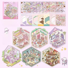 6 Pieces DIY 3D House Scene Sticker Set, Cartoon 3D Sticker Scenes, Build Your Own Mini House, Convenience-Shop Apartment Adult Therapy for Adults for Stress Relief and Pastime