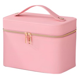 Homaisson Travel Makeup Bag with Mirror, Pink Waterproof PU Makeup Organizer Case, Portable Skincare Cosmetic Storage Toiletry Bag for Women