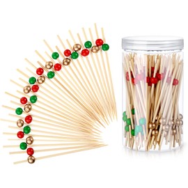Patelai 120 Pcs Cocktail Picks Set Beads Bamboo Toothpicks Sturdy Long Wood Handmade Sticks Party Supplies with Package Box for Valentine's Day St. Patrick's Day(Red, Green, Gold)