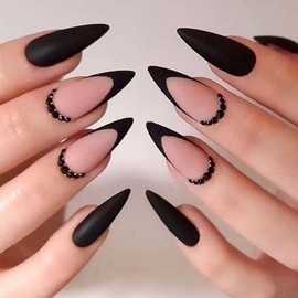 ANDGING Black Stiletto Press on Nails Long French Tip Fake Nail fake on Nail for Women with Matte Glitter Rhinestone Design Cute Acrylic False Nail Stick on Nails for Wedding Birthday 26Pcs