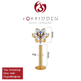 Forbidden Body Jewelry 16g 8mm Internally Threaded Rose Gold Plated Tragus, Helix Earring & Labret Stud with Crystal Flower Top