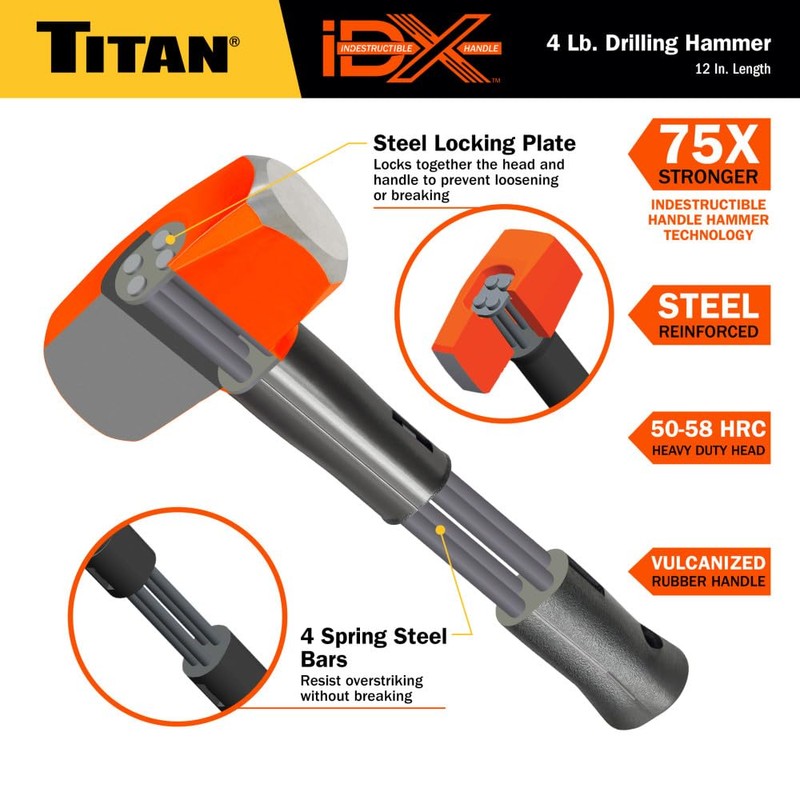 Titan iDX 63614 4lb Drilling Hammer, Sledgehammer with 12" Indestructible