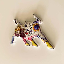 Madrid Bull Decorative Figurine, Artistic Ceramic Souvenir, Hand-Painted Spanish Design with Mosaic Pattern, White