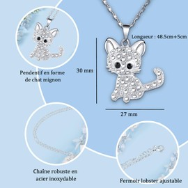 CheersLife Cat Women's Necklace with Pendant Cat with Stone Cubic Zirconia Necklace Women Girls Birthday Gift for Sister Girls Gift for Christmas Graduation FR, Stainless Steel, Stainless Steel, Not