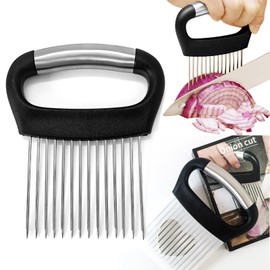 Furneet Onion Slicer with Protective Cover - Stainless Steel Cutter for Slicing Tomatoes, Potatoes, Avocados - Multiuse Vegetable Chopper and Meat Tenderizer