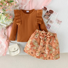 Toddler Girls Fall Winter Clothes Baby Ruffle Long Sleeve Knit Sweater Shirts Plaid Floral Mini Skirts Set with Beret(Brown Floral,2-3T