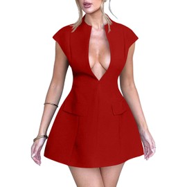 YMDUCH Women's Sexy Deep V Neck Cap Sleeve A-line Mini Club Party Dress Red