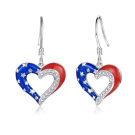 American Flag Heart Earrings - Sterling Silver Red White and Blue Patriotic Stud Hypoallergenic Jewelry Independence Day Gifts for Women (USA Flag Dangle Earrings)
