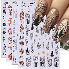 Fall Nail Art Stickers Leaf Nail Decals 6PCS Self-Adhesive Fall Flower Plant Sticker for Nails 3D Autumn Flower Floral Leaves Nail Stickers Nail Supplies Slider Decal for Women Nail Art Decorations