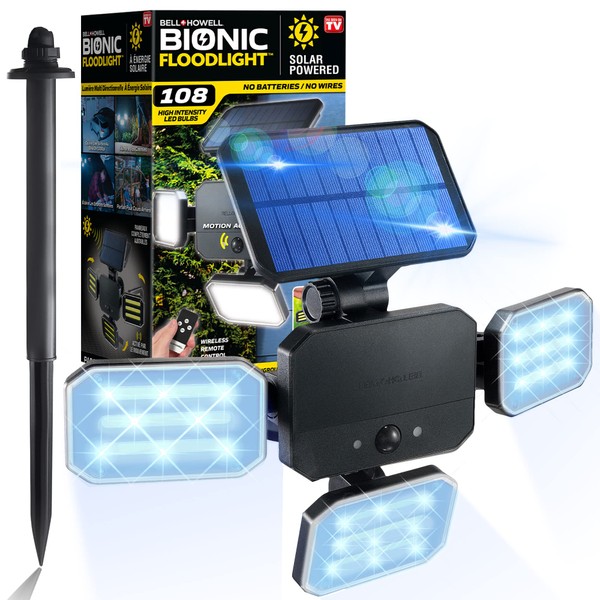 Bell+Howell Bionic Flood Light Original, Solar Lights Outdoor Waterproof- 50% Brighter 108 COB-LED's w/Motion Sensor 180° Swivel, Adjustable Panels for Garden, Lawn and Patio As Seen On TV
