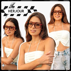 HERJOUR Retro Square Oversized Sunglasses for Women and Men Trendy Sun Glasses AR82157, Green+Brown/Red 2 Pieces