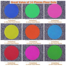 36PCS Round Carpet Marker,Non Slip Nylon Carpet,Magic Tape Carpet Dot Spot Markers with Hook and Loop Adhesion,4" Colorful Spot Markers for Preschool, Kindergarten,and Elementary Teachers(9 colors)