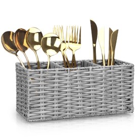 Ayiaren Gray Wicker Cutlery Silverware Holder Utensil Organizer Holder for Kitchen Counter Flatware Caddy for Party Table Silverware Organizer Caddy Spoon Knives Fork Holder Utensil Caddy