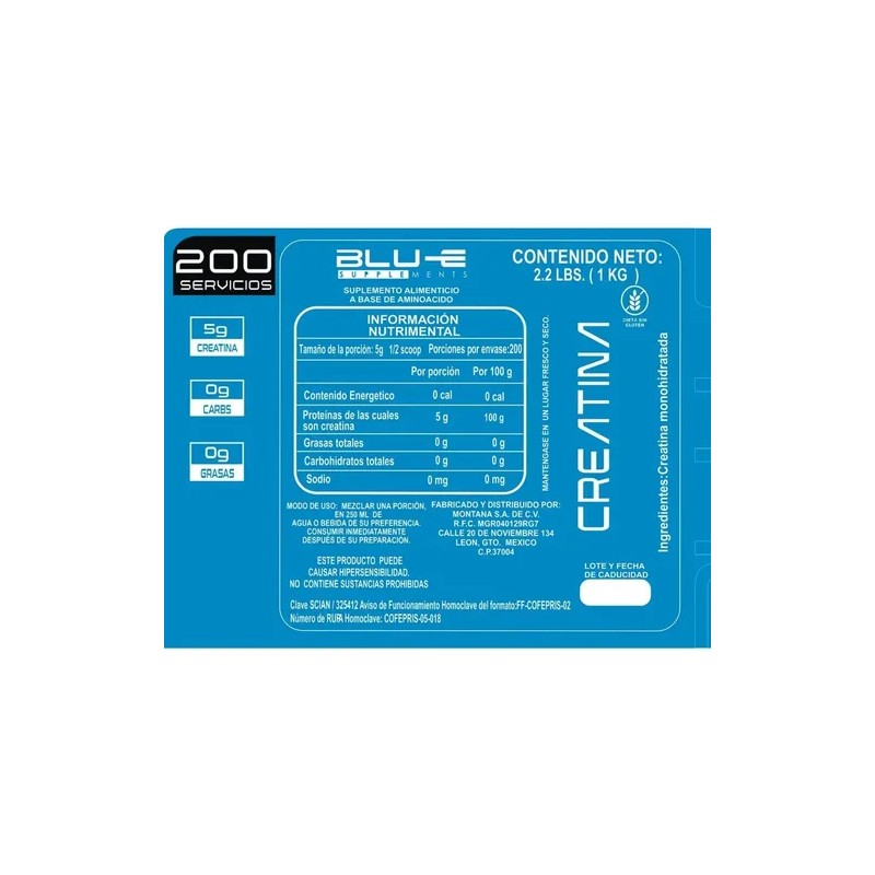 Creatina Blu-e Monohidratada 1k 200 Servicios Varios Full