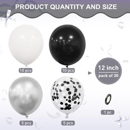 Black Silver White Balloons, Ousuga 30 pcs 12 Inch Matte White Black Metallic Silver Confetti Latex Balloons Set for Men Women Birthday Baby Shower Wedding Graduation Anniversary Party Decoration