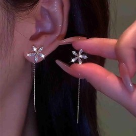 Boho Wedding Cz Daisy Tiny Flower Threader Earrings Gold Silver Sparkly Small Crystal Stud Pull Through Earrings Thread Long Chain Tassel Dangle Dainty Line Bar Drop Simple Delicate Minimalist Women