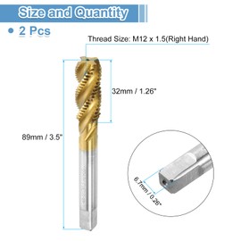 uxcell 2pcs Spiral Flute Thread Taps, M12 x 1.5 H2 Screw Threading Tap, Titanium Coated 6542 High Speed Steel Machine Tapping Tools for Machinist Repair