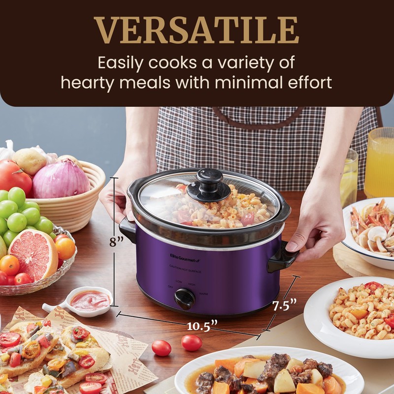 Elite Gourmet MST-275XP Electric Oval Slow Cooker, 2Qt Capacity, Purple