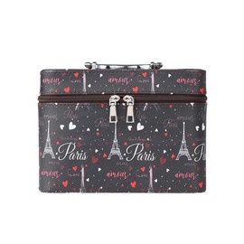 Nollia Paris-Themed Makeup Train Case – Portable Cosmetic Storage Organizer, Eiffel Tower & Heart Pattern, Travel Vanity Box for Women
