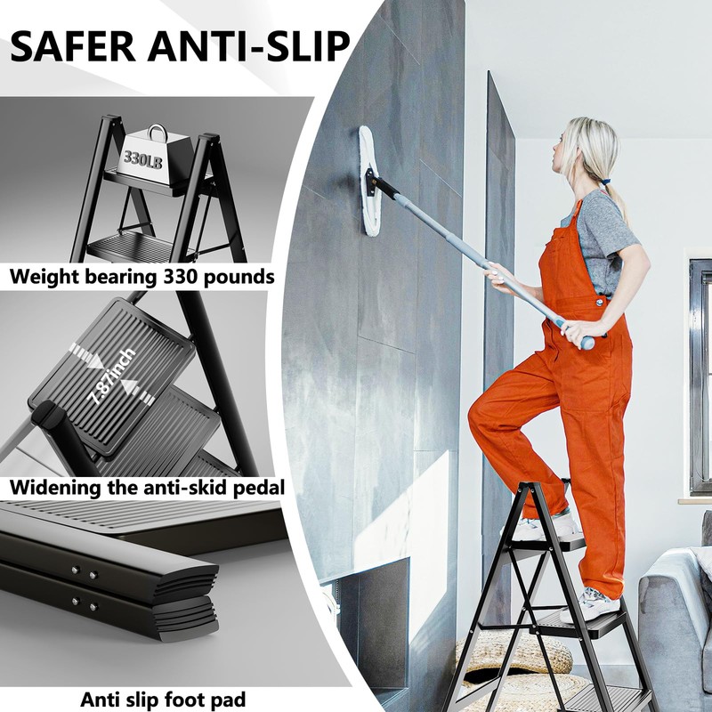 KOLL LINK Step Ladder 3 Step Folding, Sturdy 330 Lbs