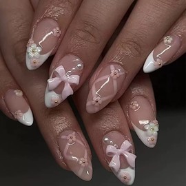 Medium Press on Nails Almond Fake Nails White French Tip False Nails with 3D Flower Bow Charms Design Glue on Nails Cute Acrylic Nails Full Cover Stick on Nails for Women Manicure 24Pcs